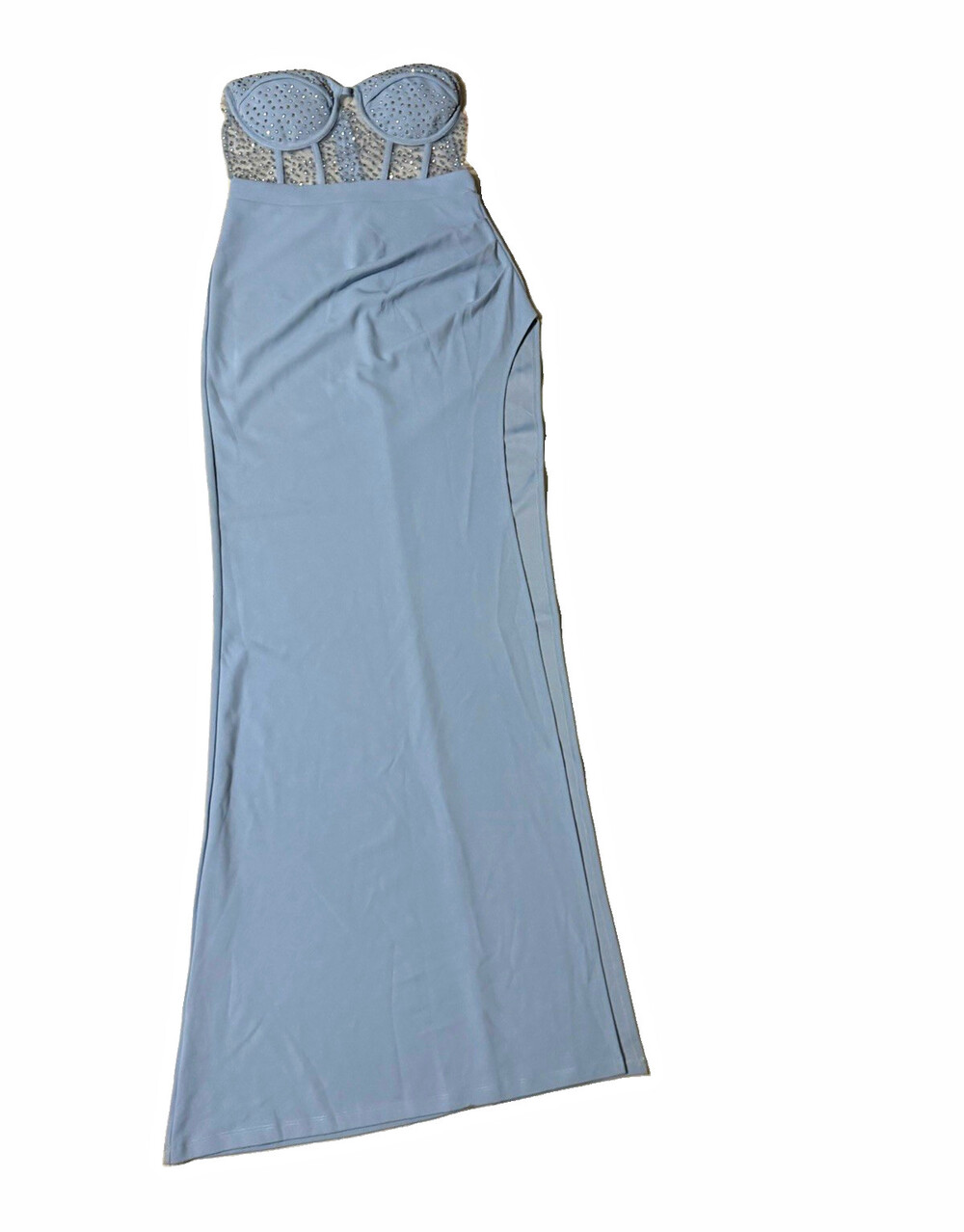 Blue Strapless Sweetheart Mesh Rhinestone Maxi Dress Built-In Bra